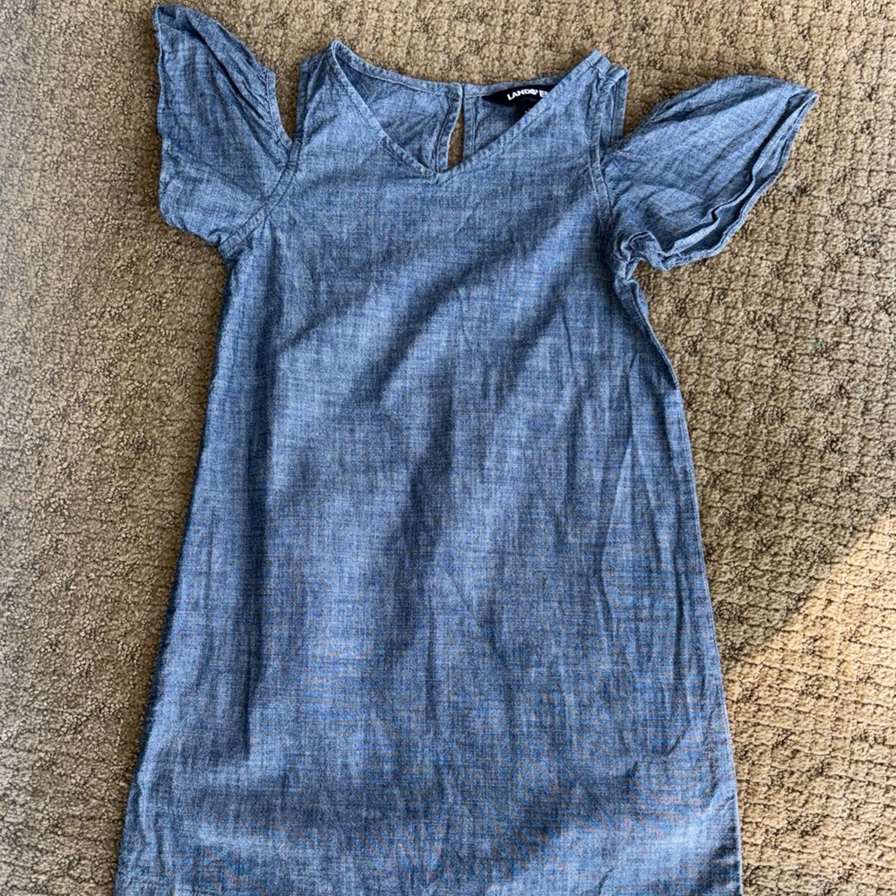 Lands end youth girl Flutter Sleeve Dress Blue cold shoulder 6 faux denim